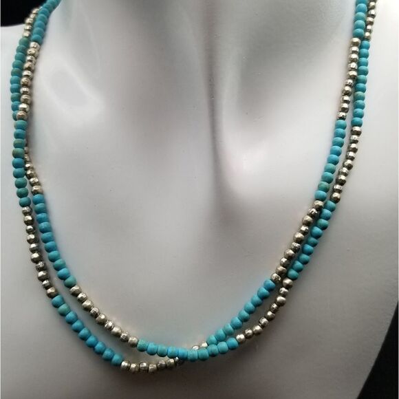 Round beaded double layer blue and gold dust necklace. N207 - Picture 1 of 2